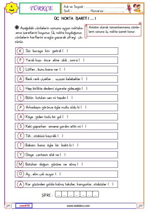 4. Sınıf Türkçe Üç Nokta İşareti Etkinliği